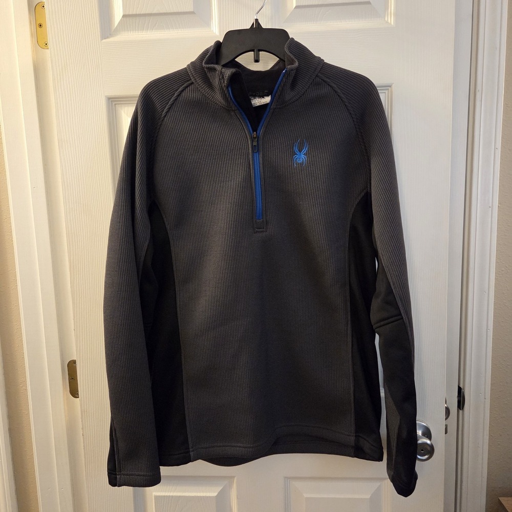 Spyder Mens L Gray Black Outbound 1/4 Zip Fleece line Layer Pullover sweater